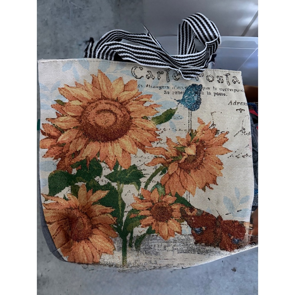 Sunflower Tapestry Tote Bag Vintage Postcard Print Striped Straps Zippered Top